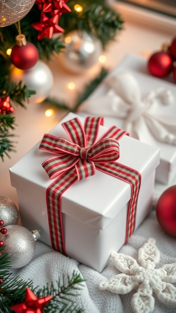 A festive Christmas gift box with decorations, symbolizing thoughtful gift-giving.